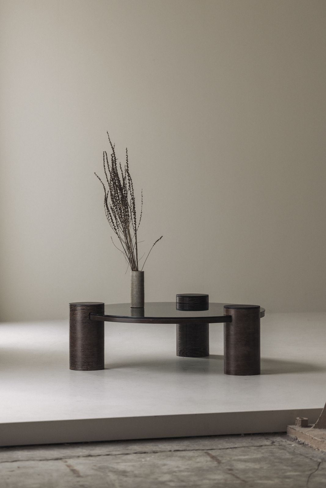 Furniture Sculptural Brutalist Wengé And Smoked Glass Round Coffee Table, 1970s photo