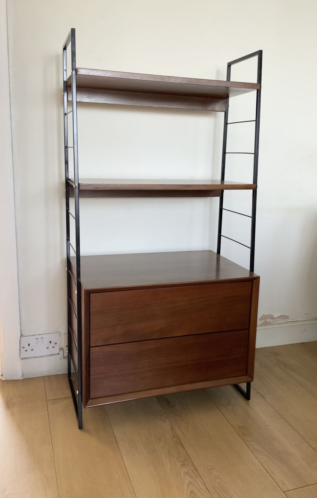 Danish Style Walnut Veneer Shelving Unit With 2 Drawers Cabinet