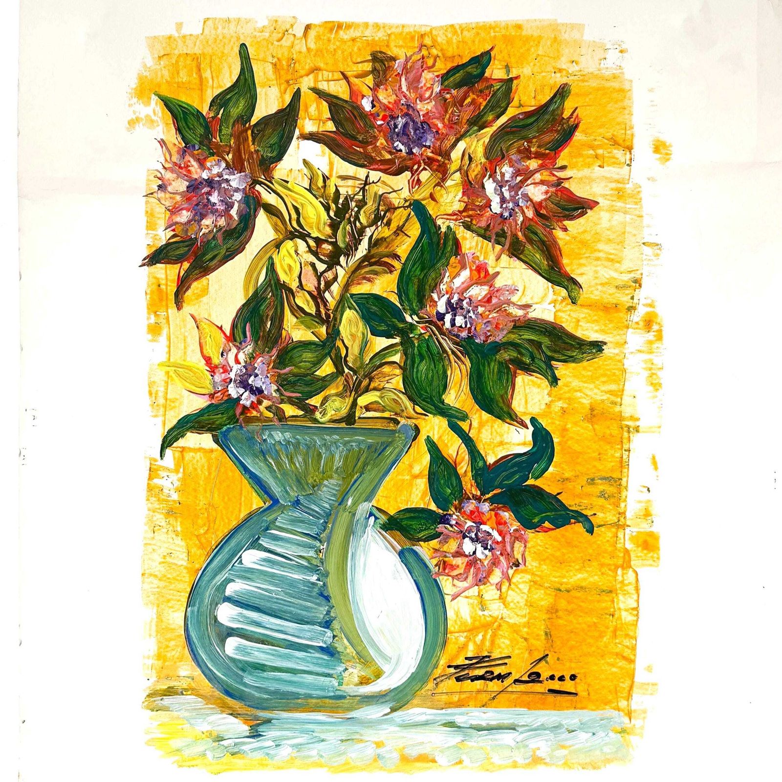 Vintage Signed Floral Still Life On Paper, 2000 | Expressionist Modern.