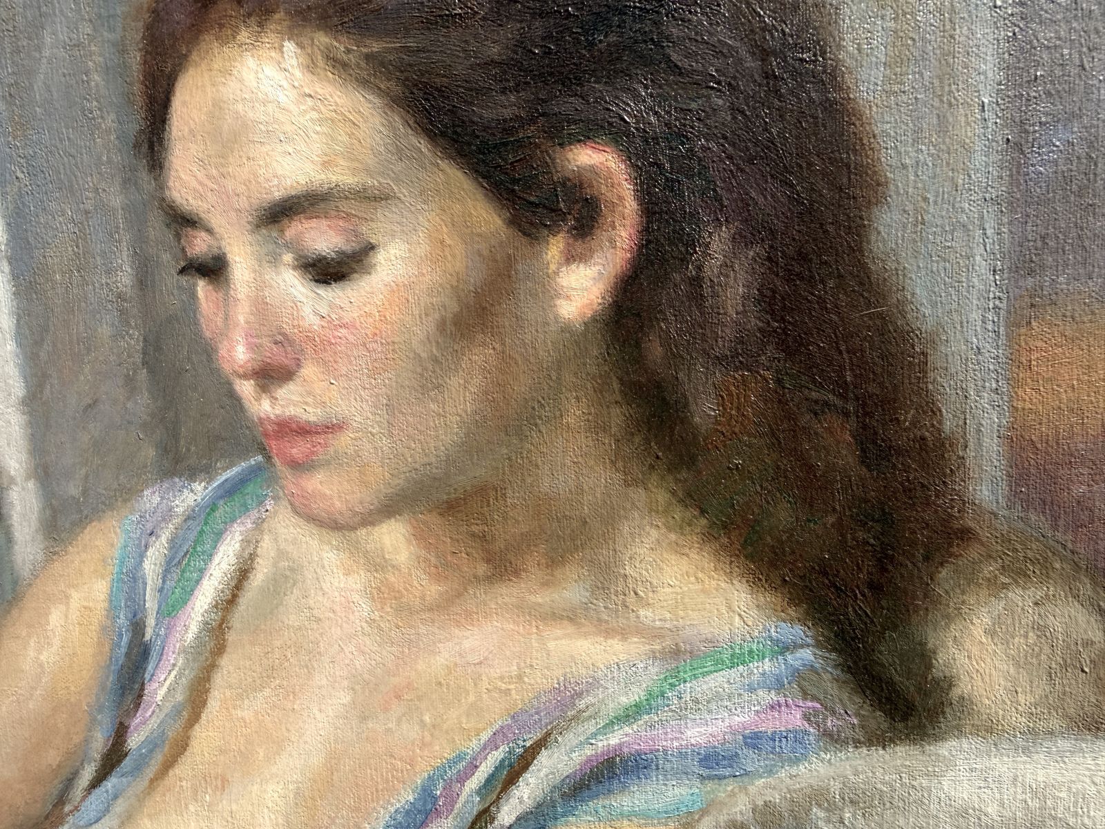 Ramon Pichot I Soler Spaans post-impressionistisch schilderij, vrouw lezend aan het ontbijt, olieverf op doek, jaren 1970 photo Kunst