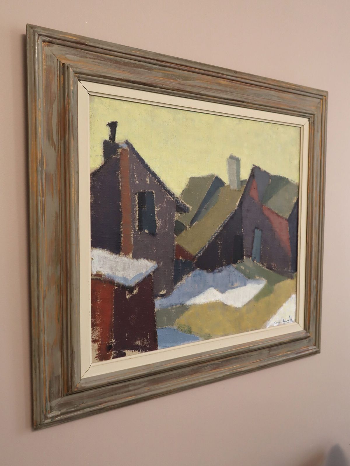 Huizen in de sneeuw, olieverf op doek photo for sale