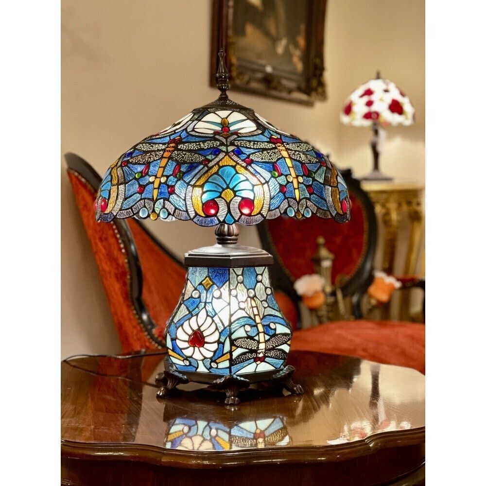 Tiffany Style Table Lamp – “The Queen” Blue Dragonfly – Stained Glass Art Nouveau Lamp