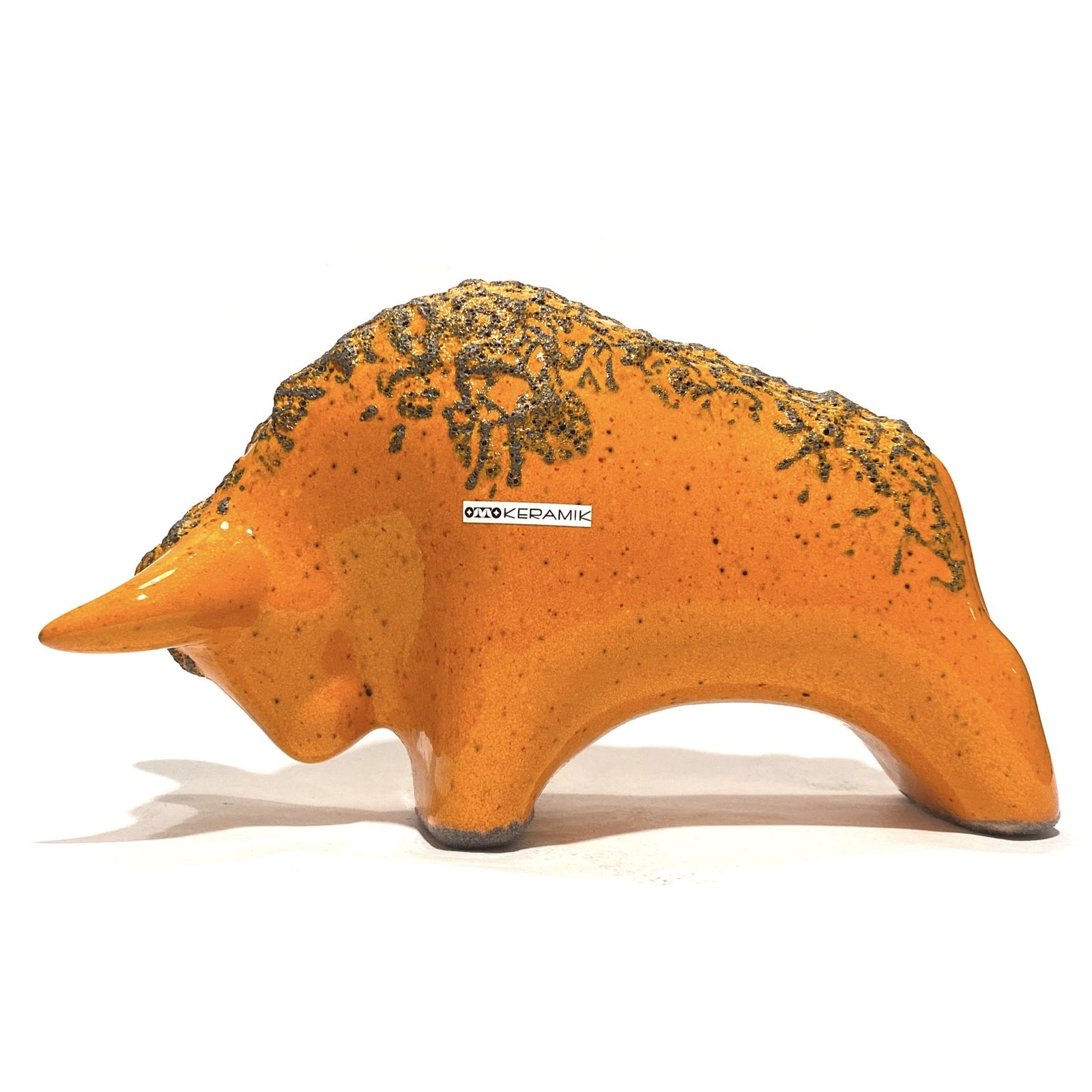 Otto Keramik stier in oranje fat lava glazuur, West German Pottery stijl sculptuur