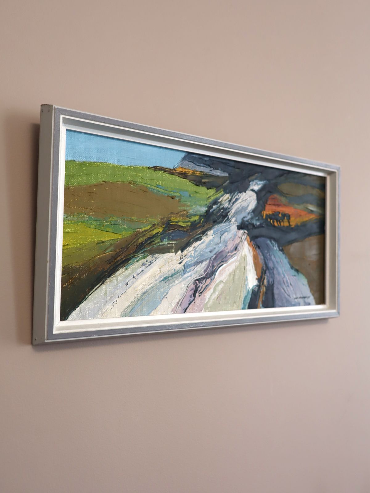 Rivier door de heuvels, olieverf op doek, jaren 1970 photo Kunst