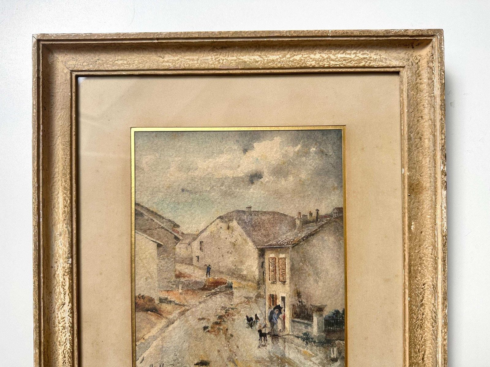 Antieke aquarel van een Frans dorp, jaren 1910, gesigneerd, steegscène photo 241.0
