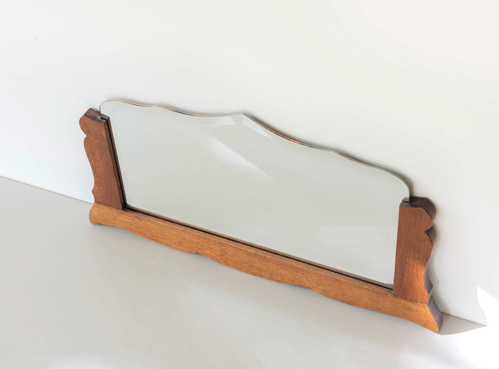 photo buy Antique Art Deco Frameless Wall Mirror   Dutch Beveled Glass Mirror   Scalloped Oak Frame