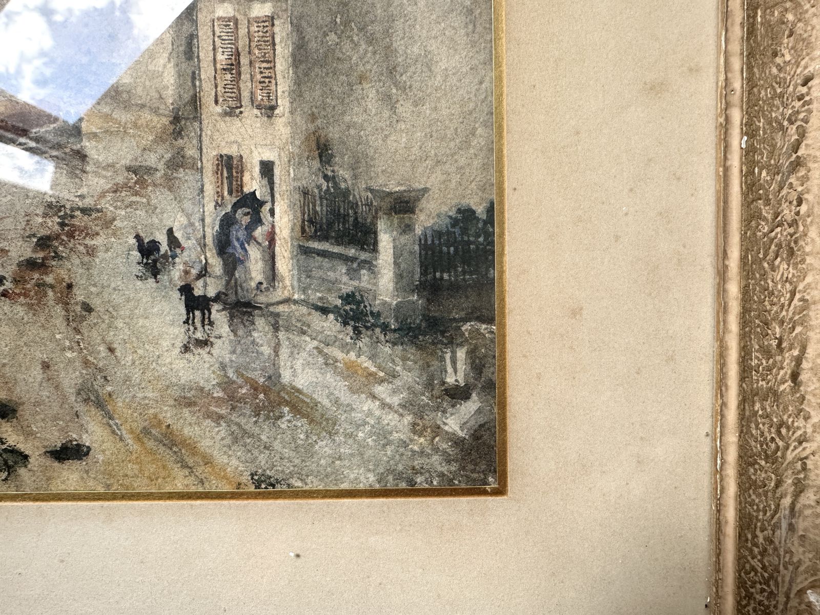 photo for sale Antieke aquarel van een Frans dorp, jaren 1910, gesigneerd, steegscène