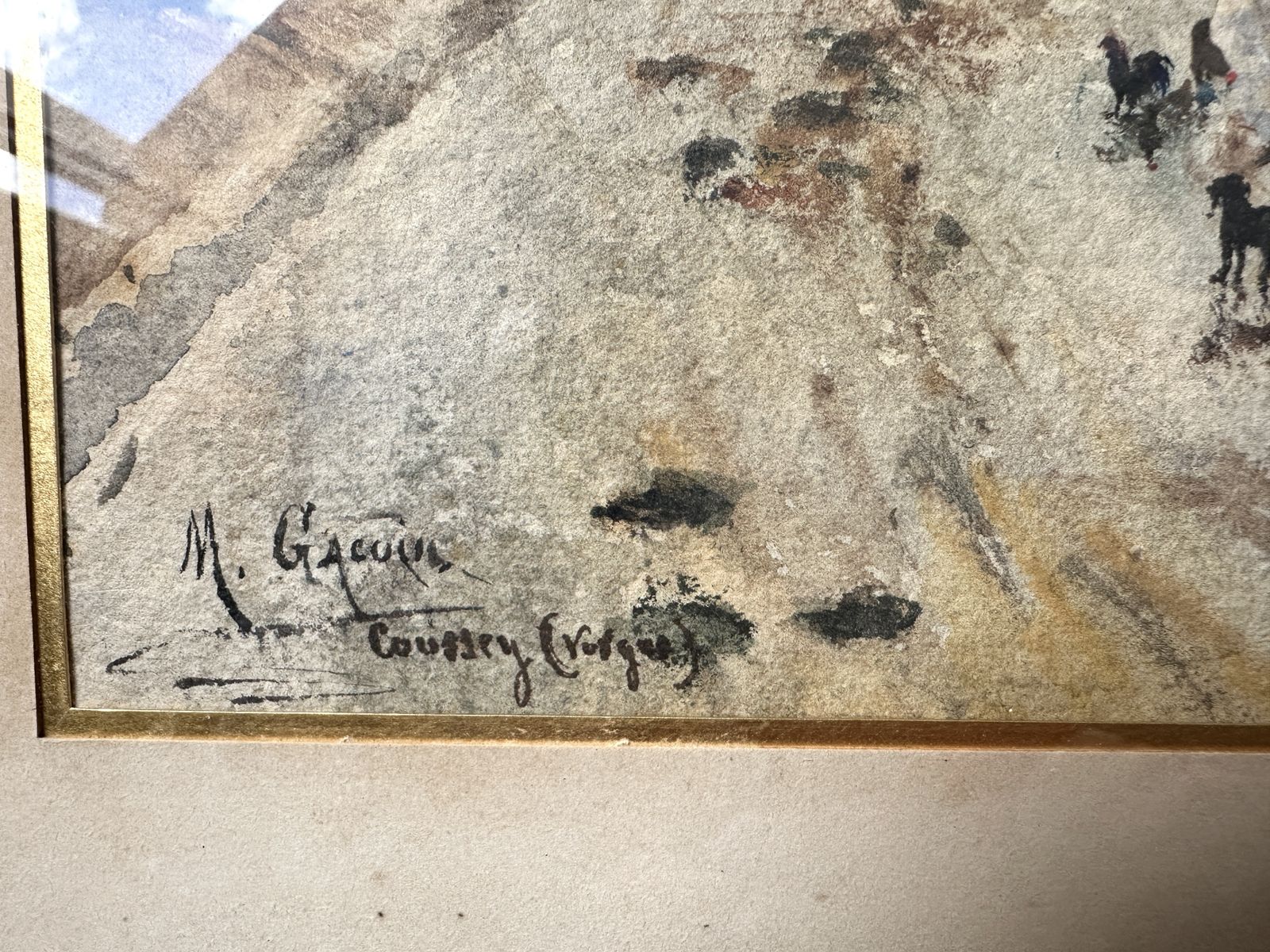 Kunst Antieke aquarel van een Frans dorp, jaren 1910, gesigneerd, steegscène photo