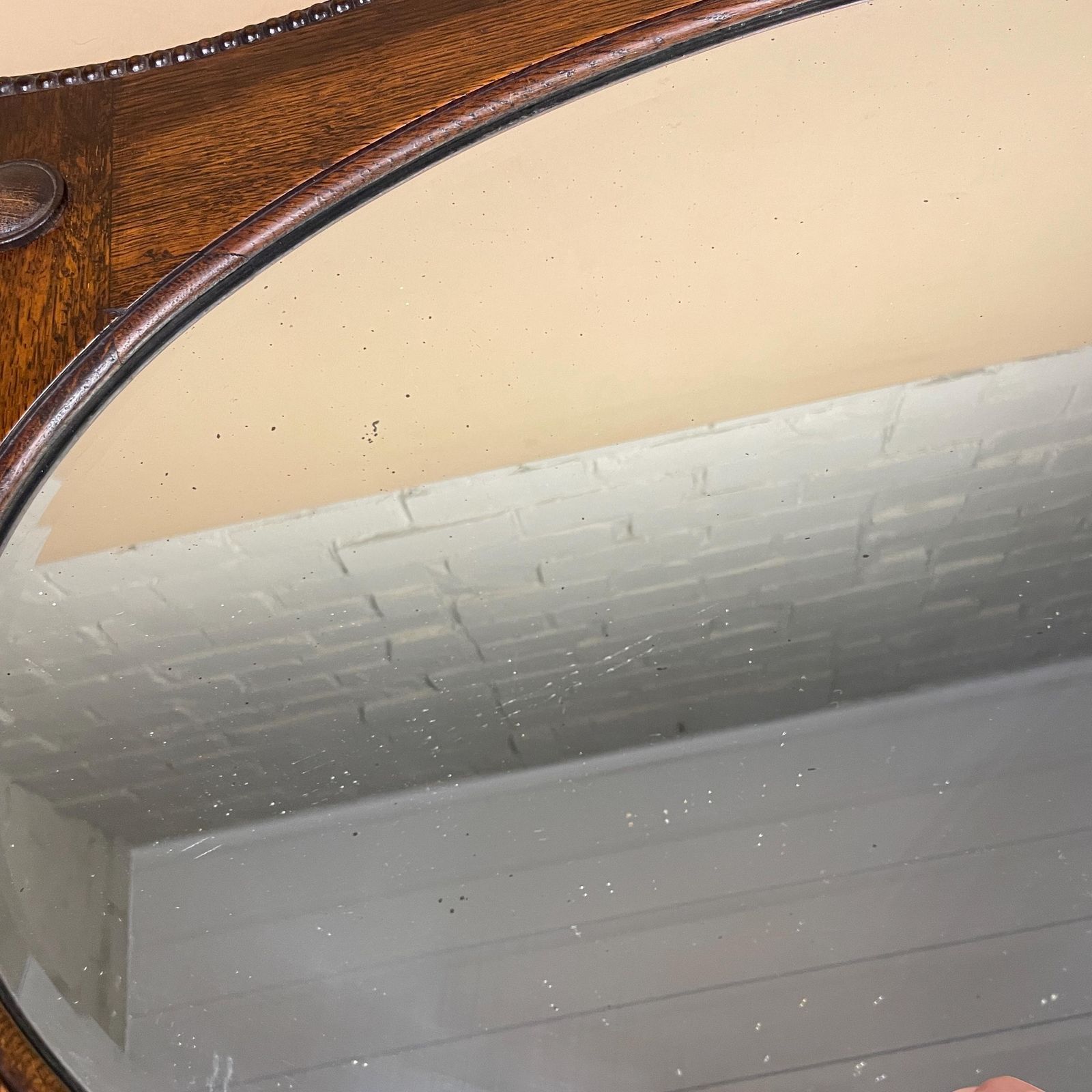 photo for sale Antique Oak Wall Mirror, Oval Bevelled Glass, Edwardian Beaded Frame, Large Horizontal Overmantle, English Country House Decor