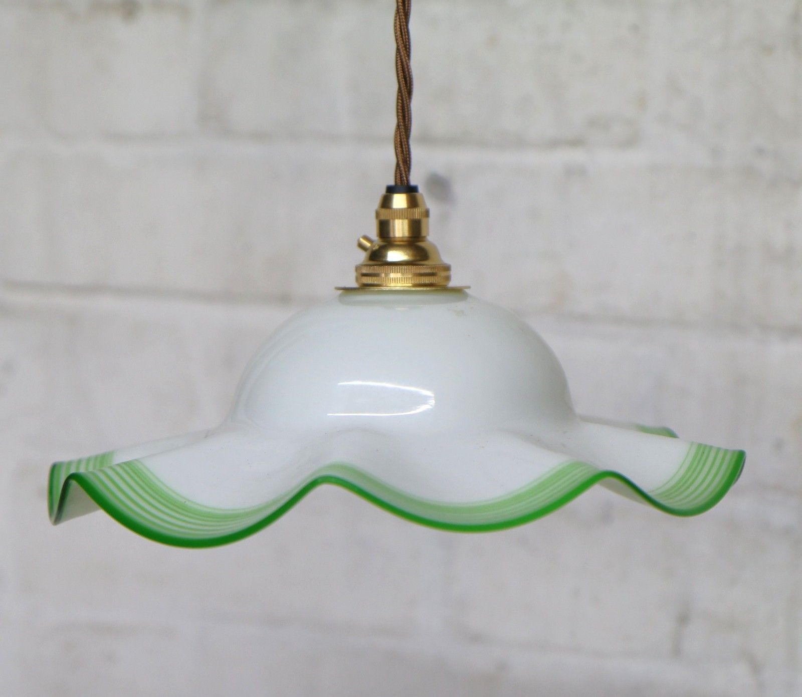 Vintage Ceiling Light Small Edwardian Milk Glass Pendant Lined Lime Green Rim photo vinterior