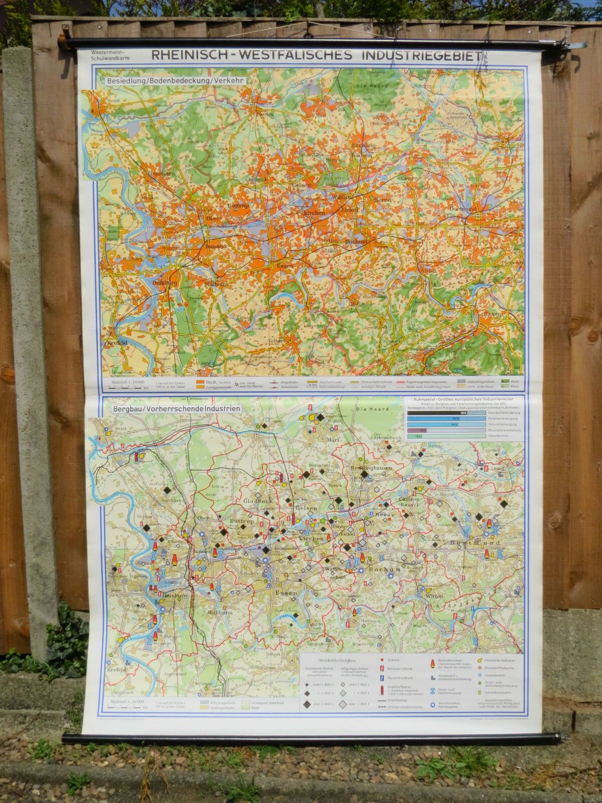 Vintage Pull Roll Down School Map Of Rhine Westpahlia Industrial Area Germany