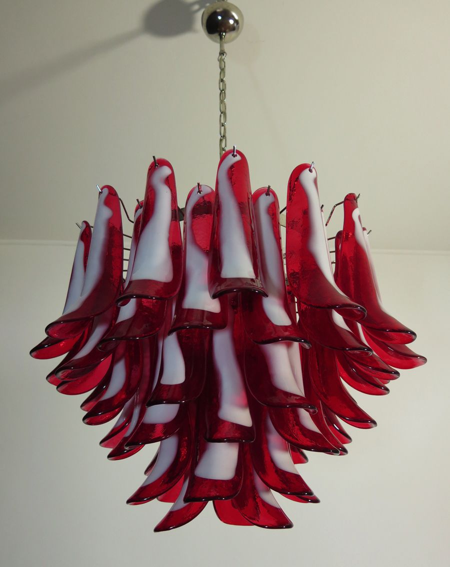 Italian Vintage Murano Chandelier   Mazzega   53 Red Lattimo Glass Petals