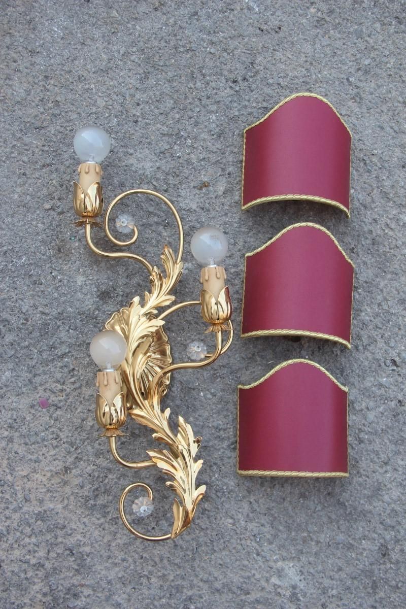Sconce In Golden Brass With Flower Leaves And Gold And Bordeaux Crystals, 1970 photo for sale