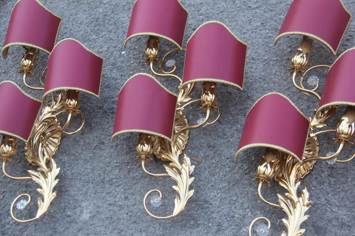 Sconce In Golden Brass With Flower Leaves And Gold And Bordeaux Crystals, 1970 photo vinterior