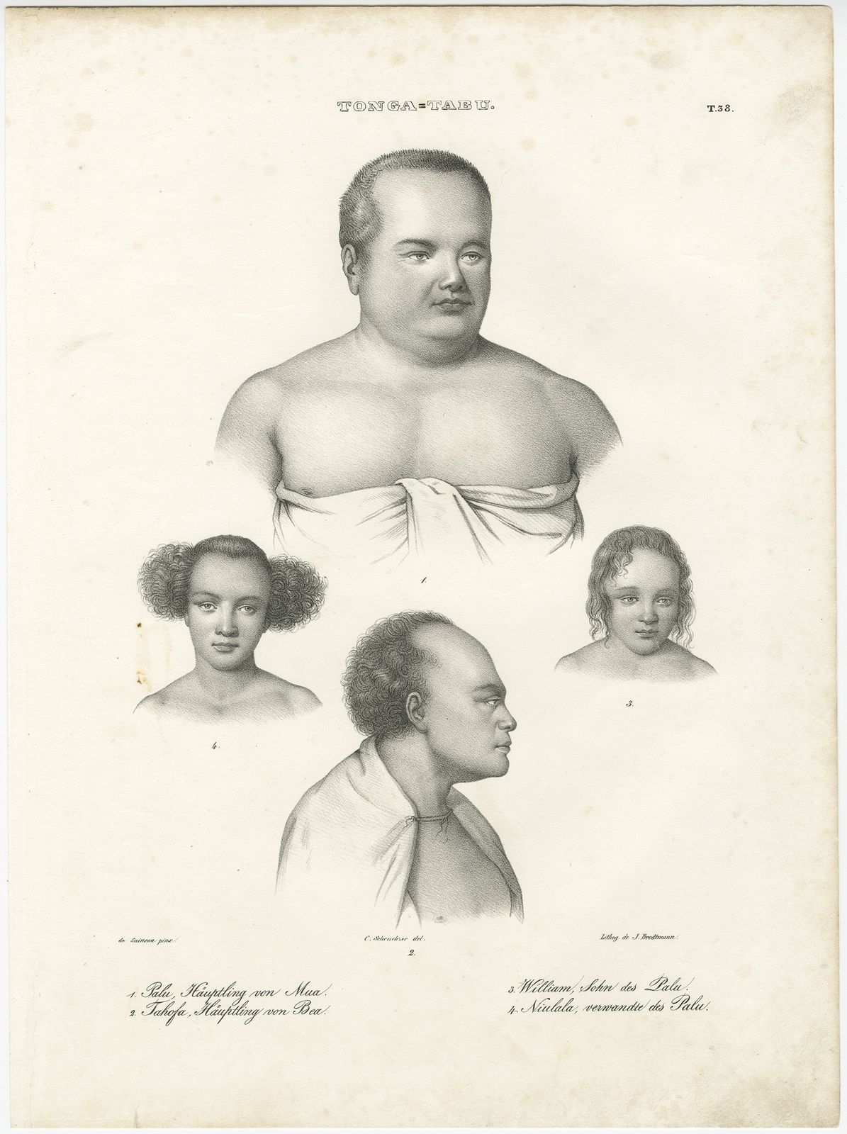 T. 38 Antique Print Of Inhabitants Of Tonga Tabu By Brodtmann (C.1836)