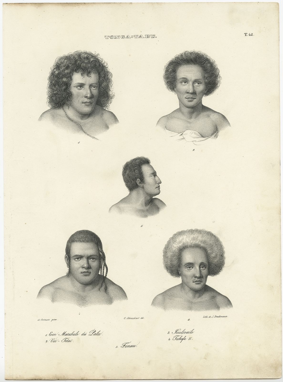 T. 42 Antique Print Of Inhabitants Of Tonga Tabu By Brodtmann (C.1836)