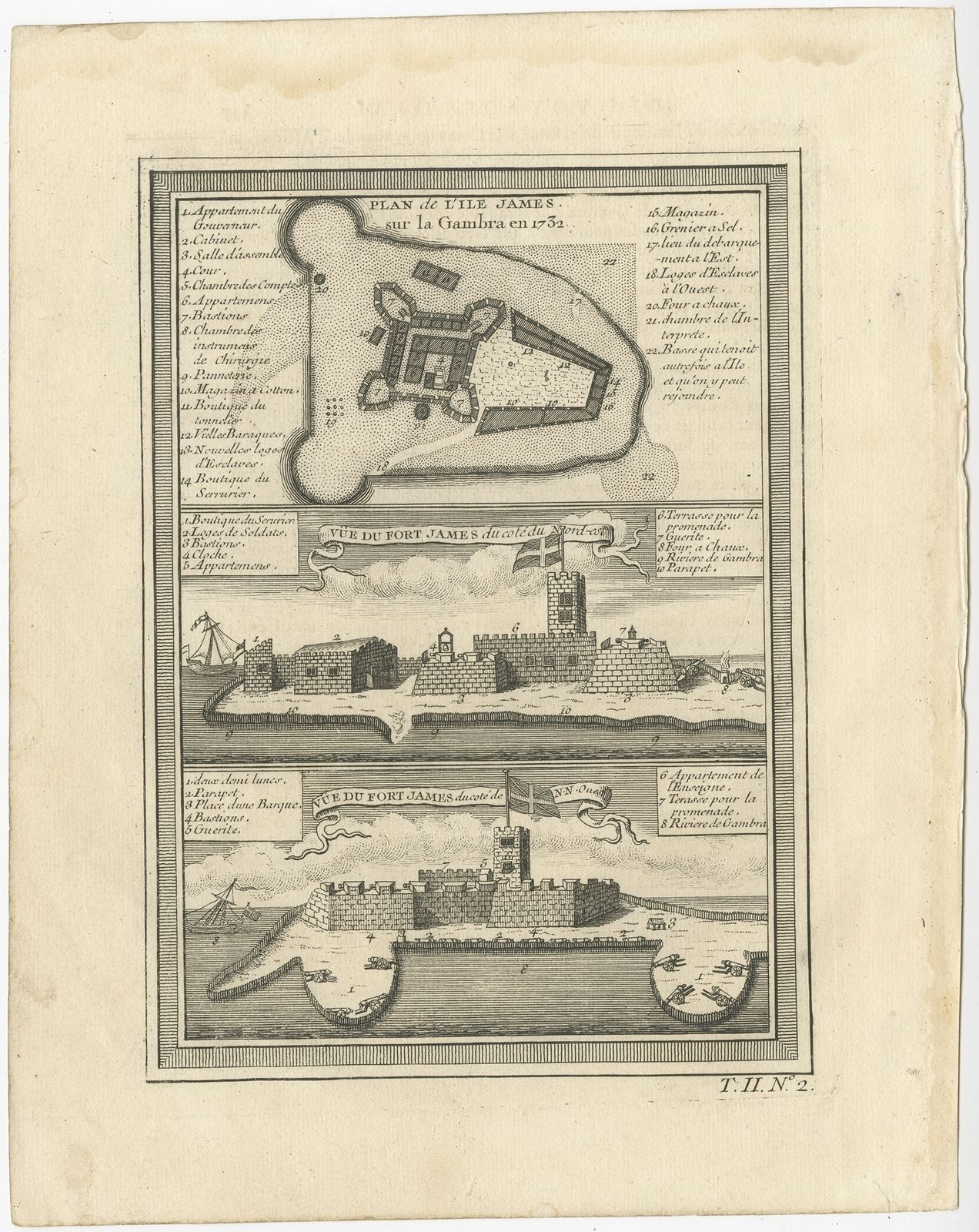 Antique Print Of Fort James By Prevost (1746)