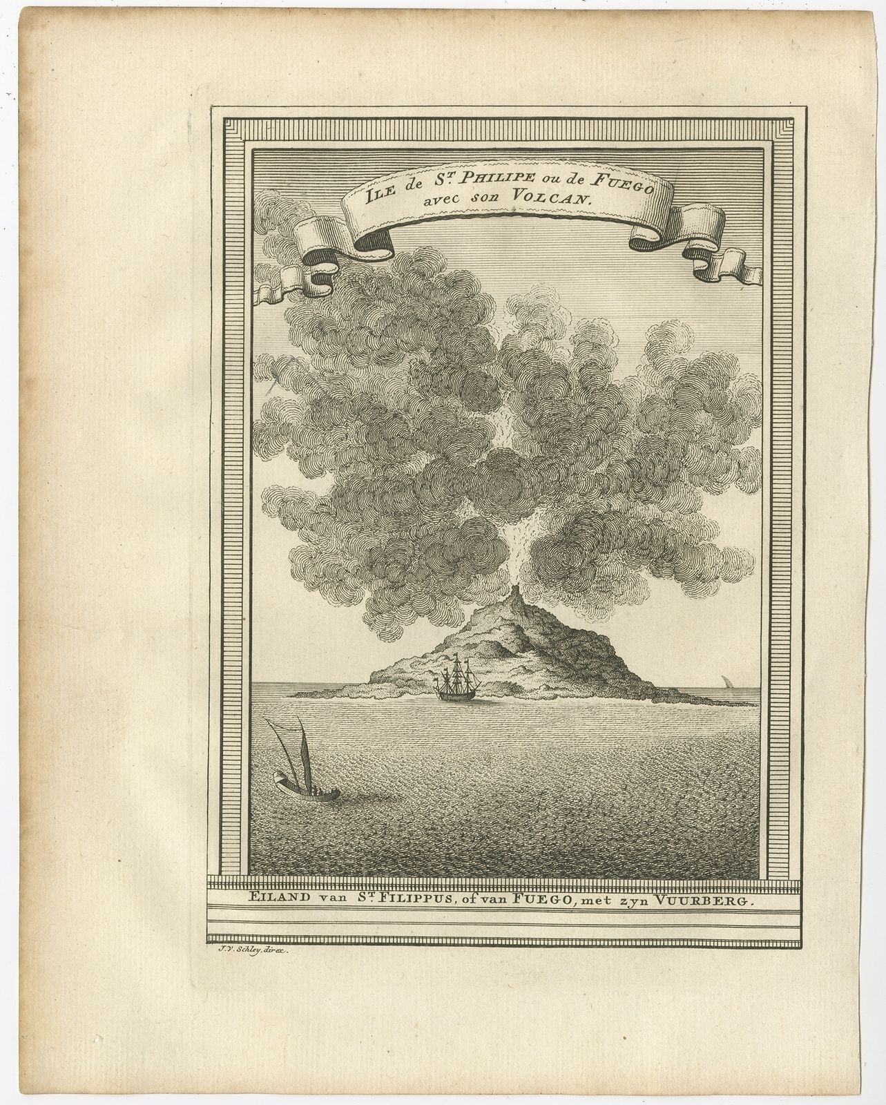 Antique Print Of Volcano 'Piton De La Fournaise' By Van Schley (C.1750)