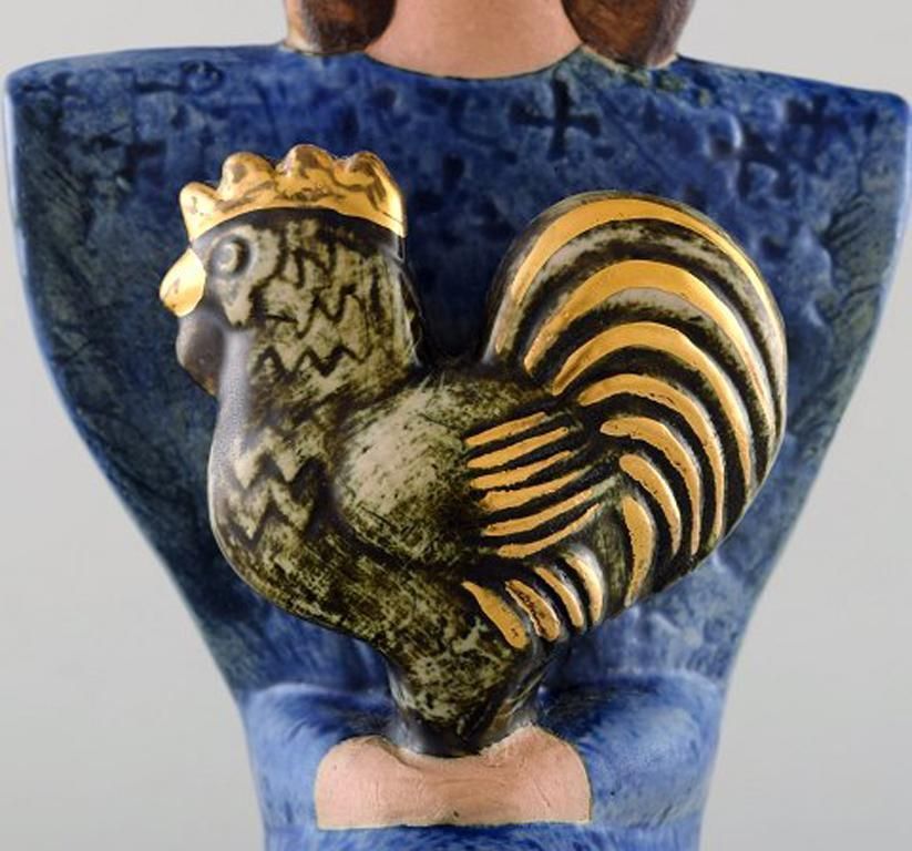 Very Rare Lisa Larson Unique Figure Of Sitting Woman In Blue With Golden Rooster photo vinterior