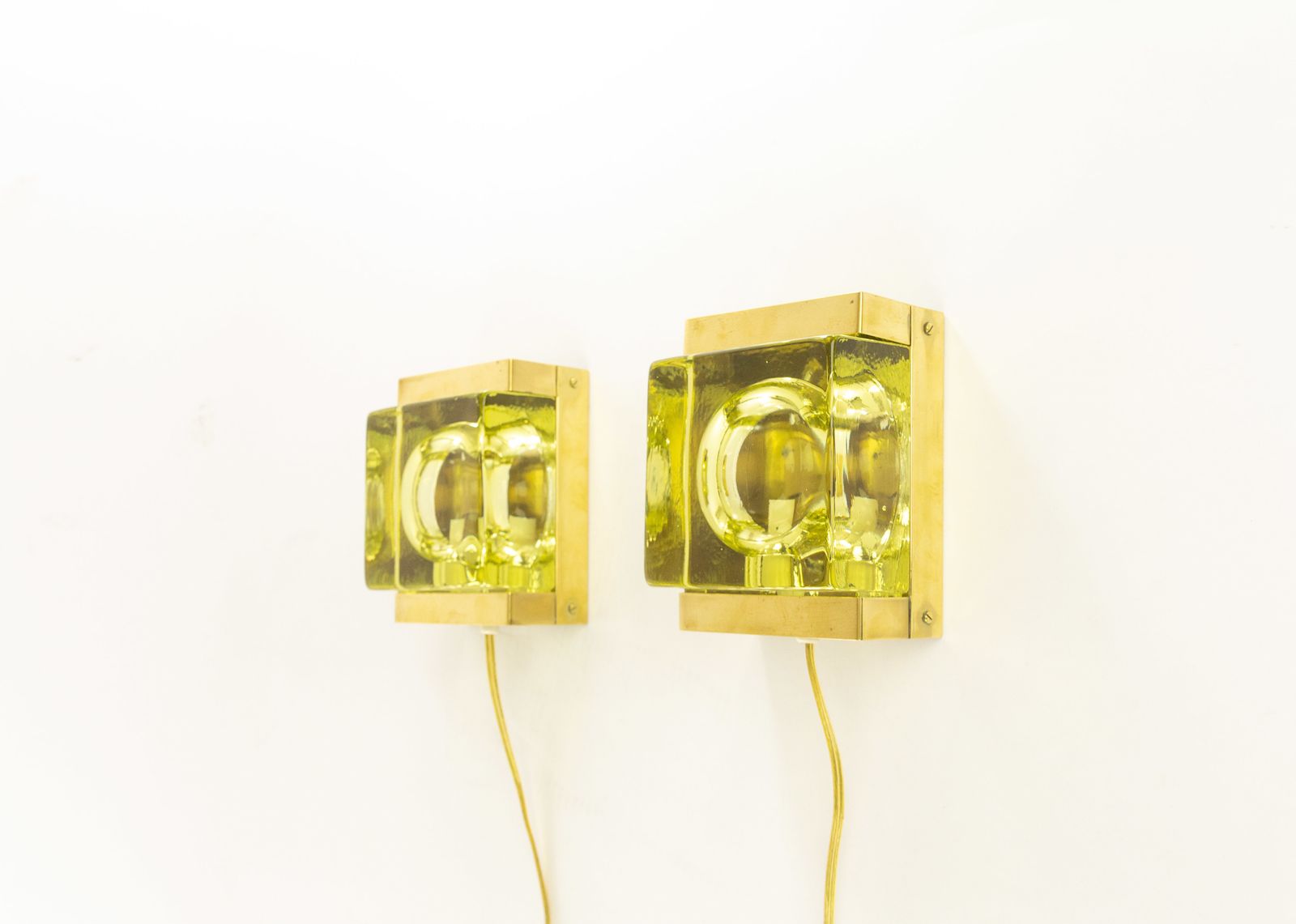Pair Of Greenish Maritim Glass And Brass Wall Lamps By Vitrika, 1970s