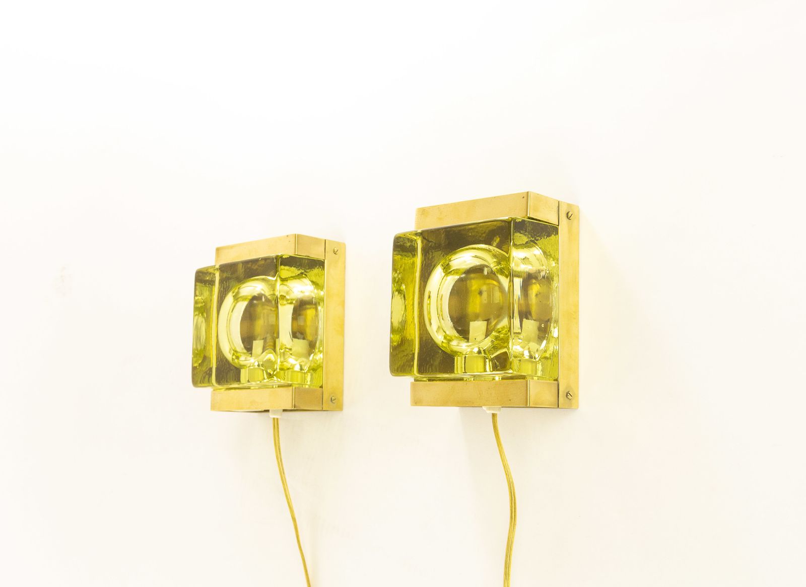 Pair Of Greenish Maritim Glass And Brass Wall Lamps By Vitrika, 1970s photo for sale