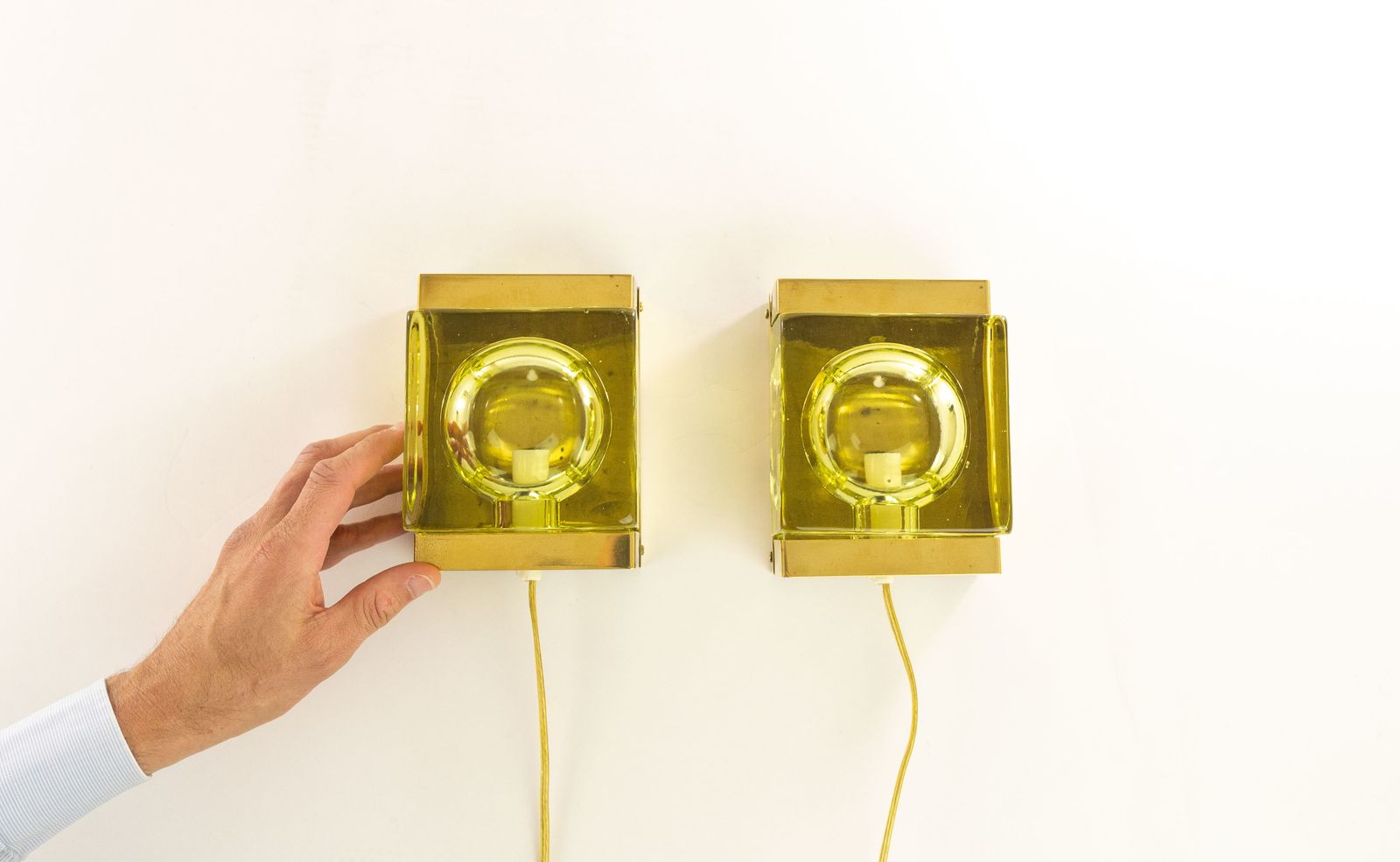 Pair Of Greenish Maritim Glass And Brass Wall Lamps By Vitrika, 1970s photo vinterior
