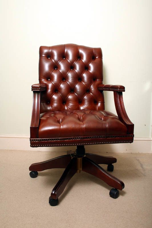 Bespoke English Hand Made Gainsborough Leather Desk Chair Chestnut photo for sale