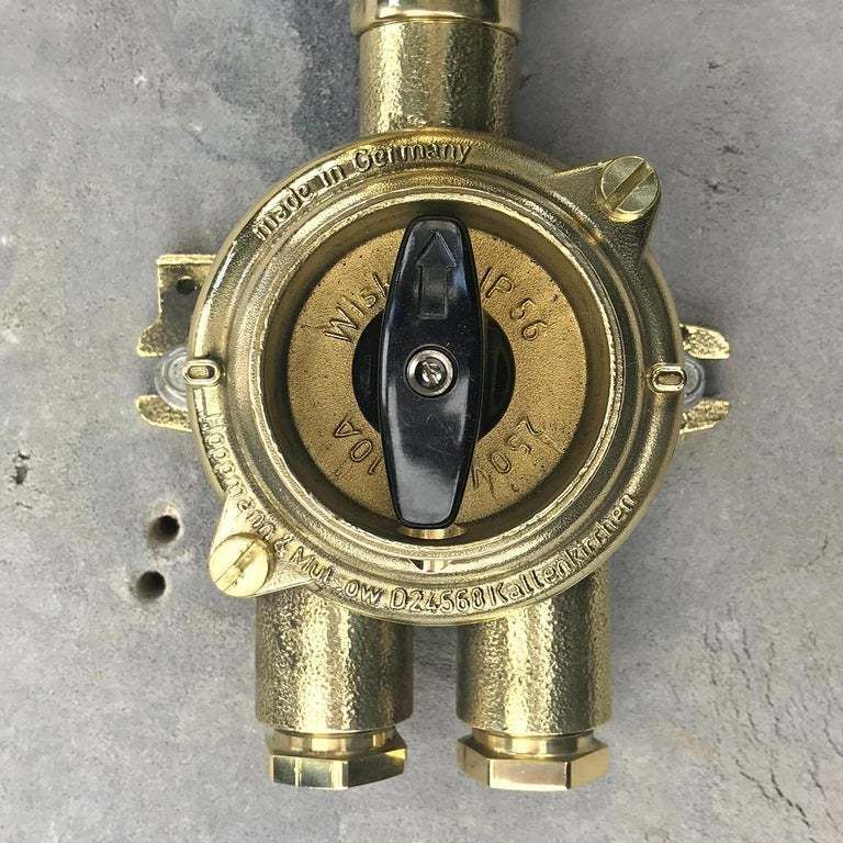 285.0 Vintage Industrial 1970s German Explosion Proof Wall Light   Cast Brass, Glass Shade & Rotary Switch photo