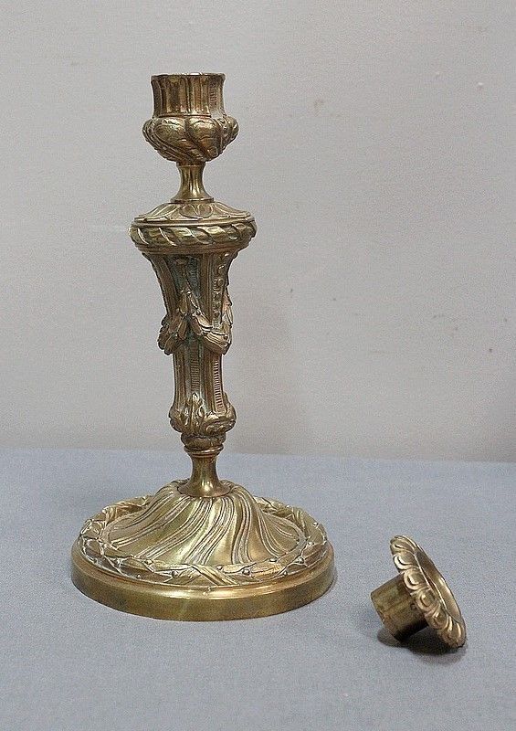 Pair Of Golden Bronze Flambeaux, Louis XVI Style , Nineteenth photo for sale