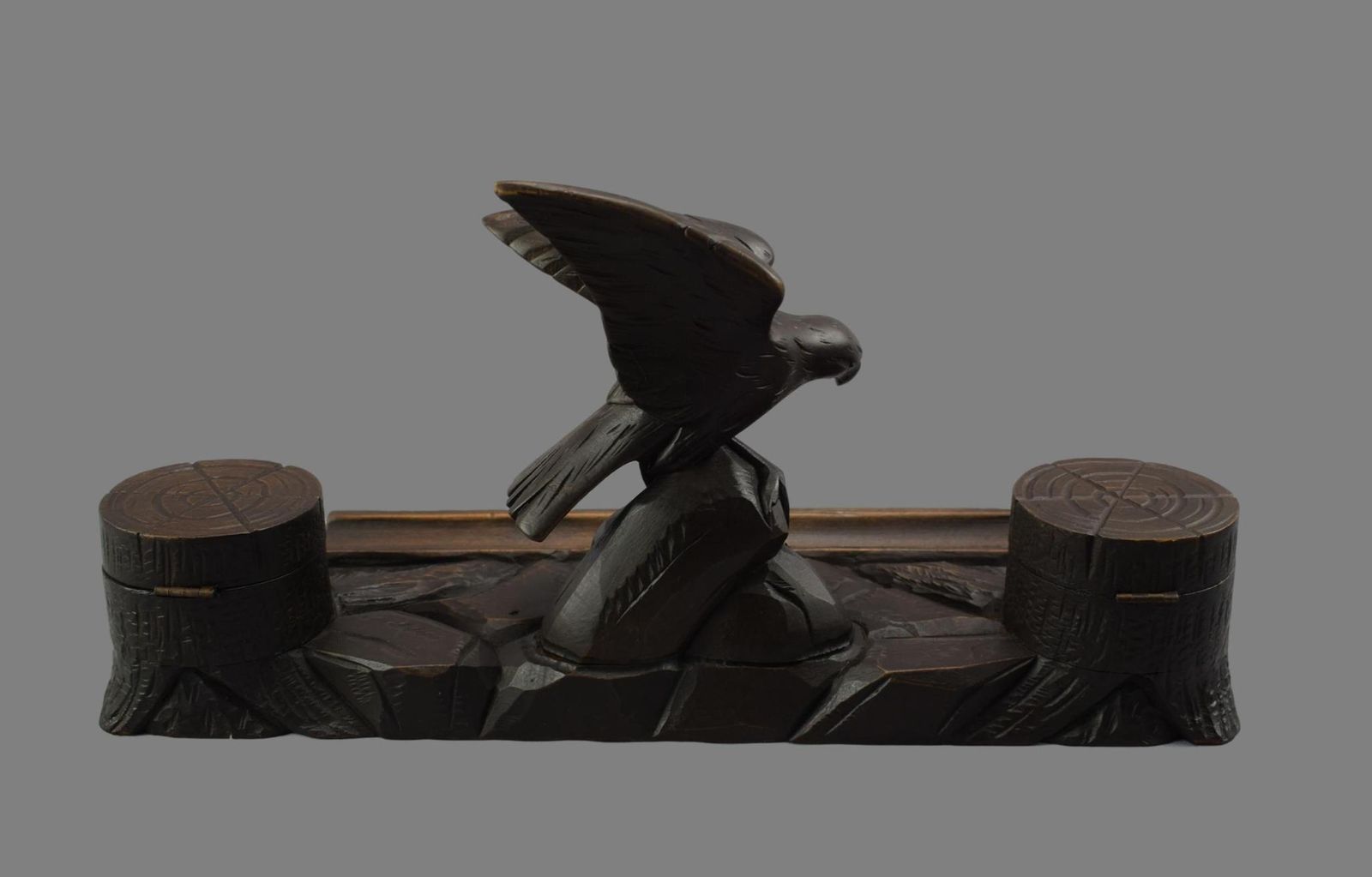 Black Forest Hand Carved Wood Eagle Double Inkwell Ink Stand photo for sale