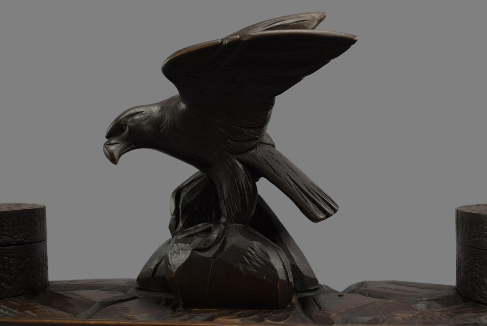 Black Forest Hand Carved Wood Eagle Double Inkwell Ink Stand photo vinterior