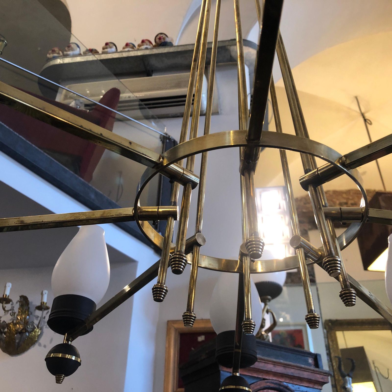 Mid Century Modern Brass And Black Metal Chandelier In The Manner Of Giò Ponti photo 2850.0