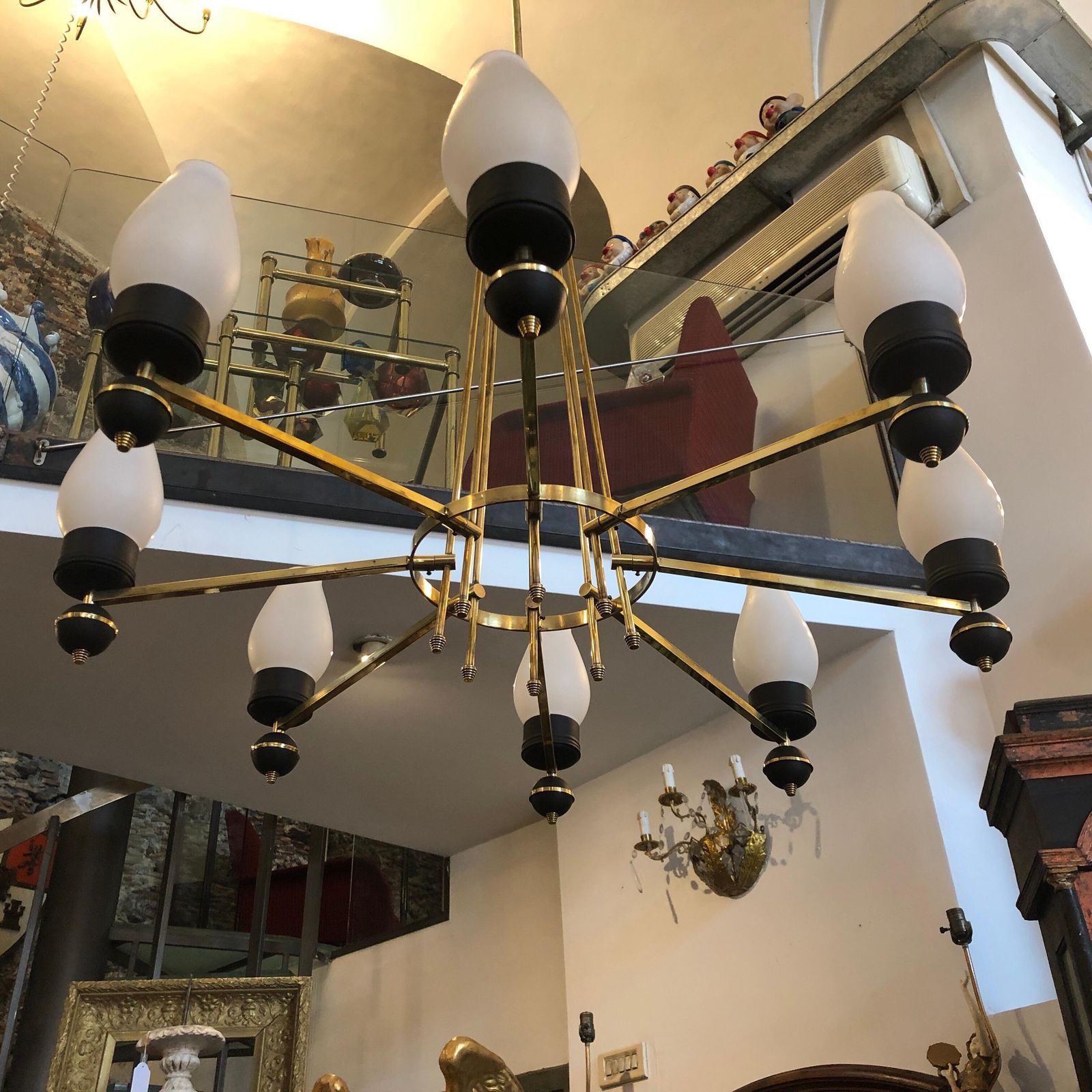 Mid Century Modern Brass And Black Metal Chandelier In The Manner Of Giò Ponti photo vinterior