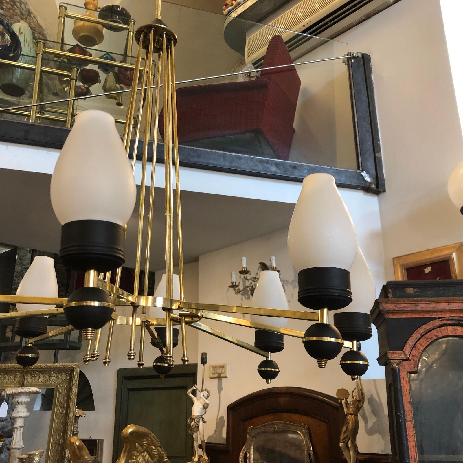 Mid Century Modern Brass And Black Metal Chandelier In The Manner Of Giò Ponti photo buy