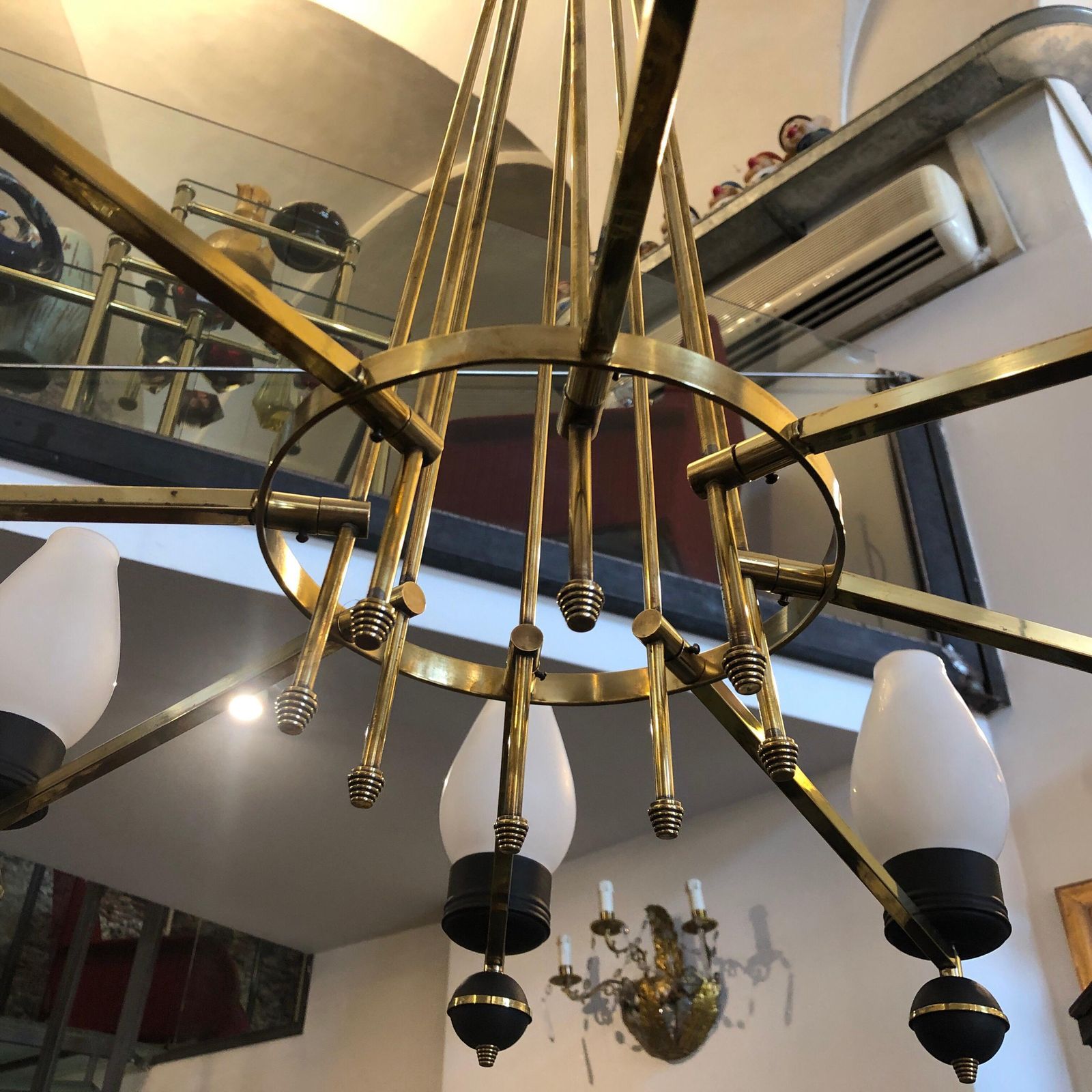 photo furniture Mid Century Modern Brass And Black Metal Chandelier In The Manner Of Giò Ponti