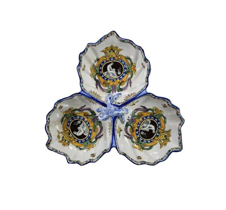 Gien Antique French Hand Painted Pottery Handled Bowl Serving Dish White Renaissance