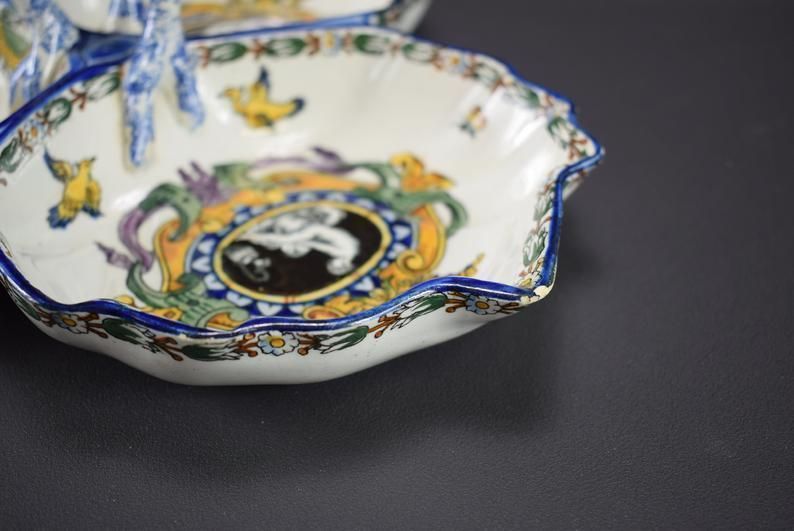 Gien Antique French Hand Painted Pottery Handled Bowl Serving Dish White Renaissance photo vintage