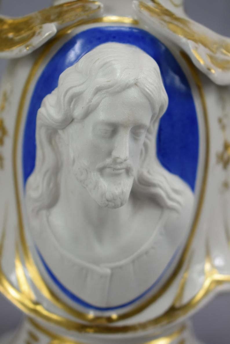 Porcelain Of Paris Gold Religious Vase With Jesus Christ Holy Face photo vinterior