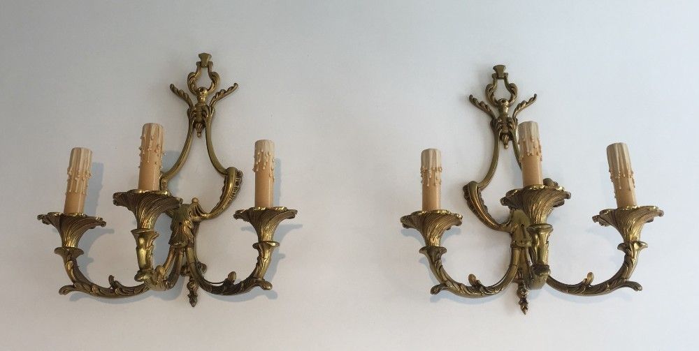 Pair Of Large Louis The 15th Style 3 Lights Bronze Sconces. French. Circa 1960 photo furniture