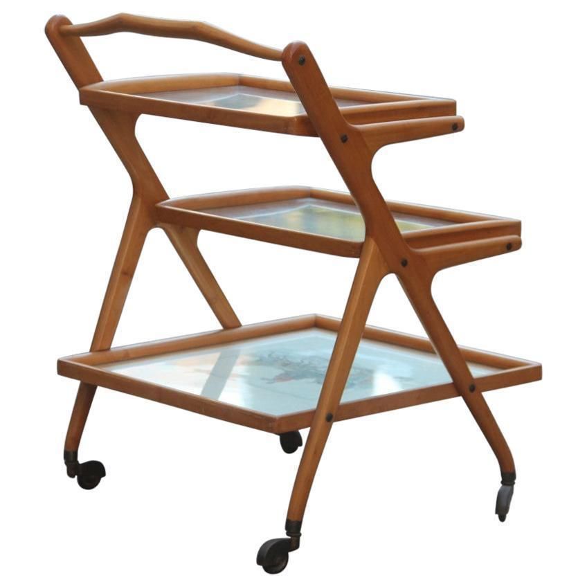 Midcentury Italian Bar Cart Casino By Cesare Lacca Maple Wood Brass Parts, 1950s