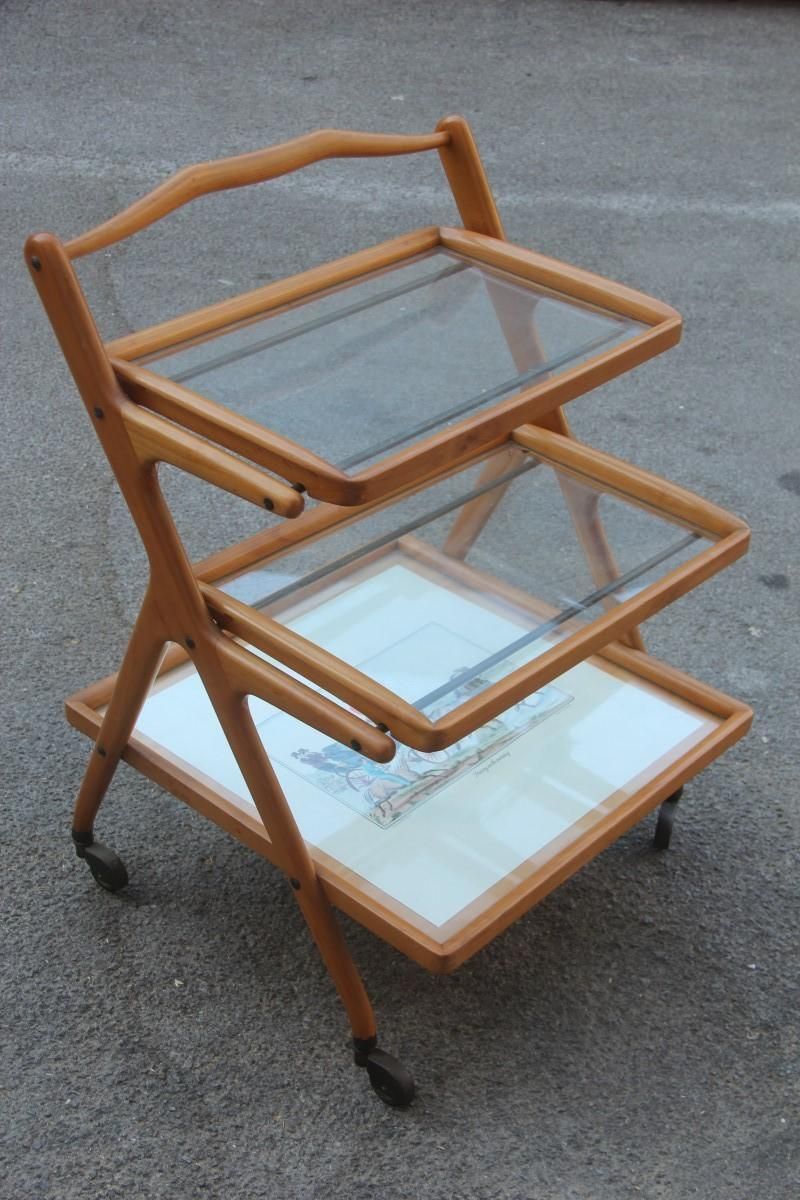 Midcentury Italian Bar Cart Casino By Cesare Lacca Maple Wood Brass Parts, 1950s photo furniture