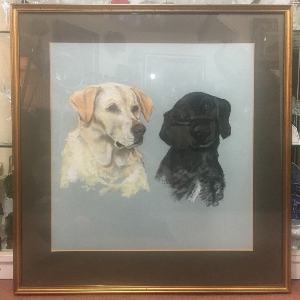 Jay Claxton Signed Pastel Drawing Of Labrador & Spaniel 1984