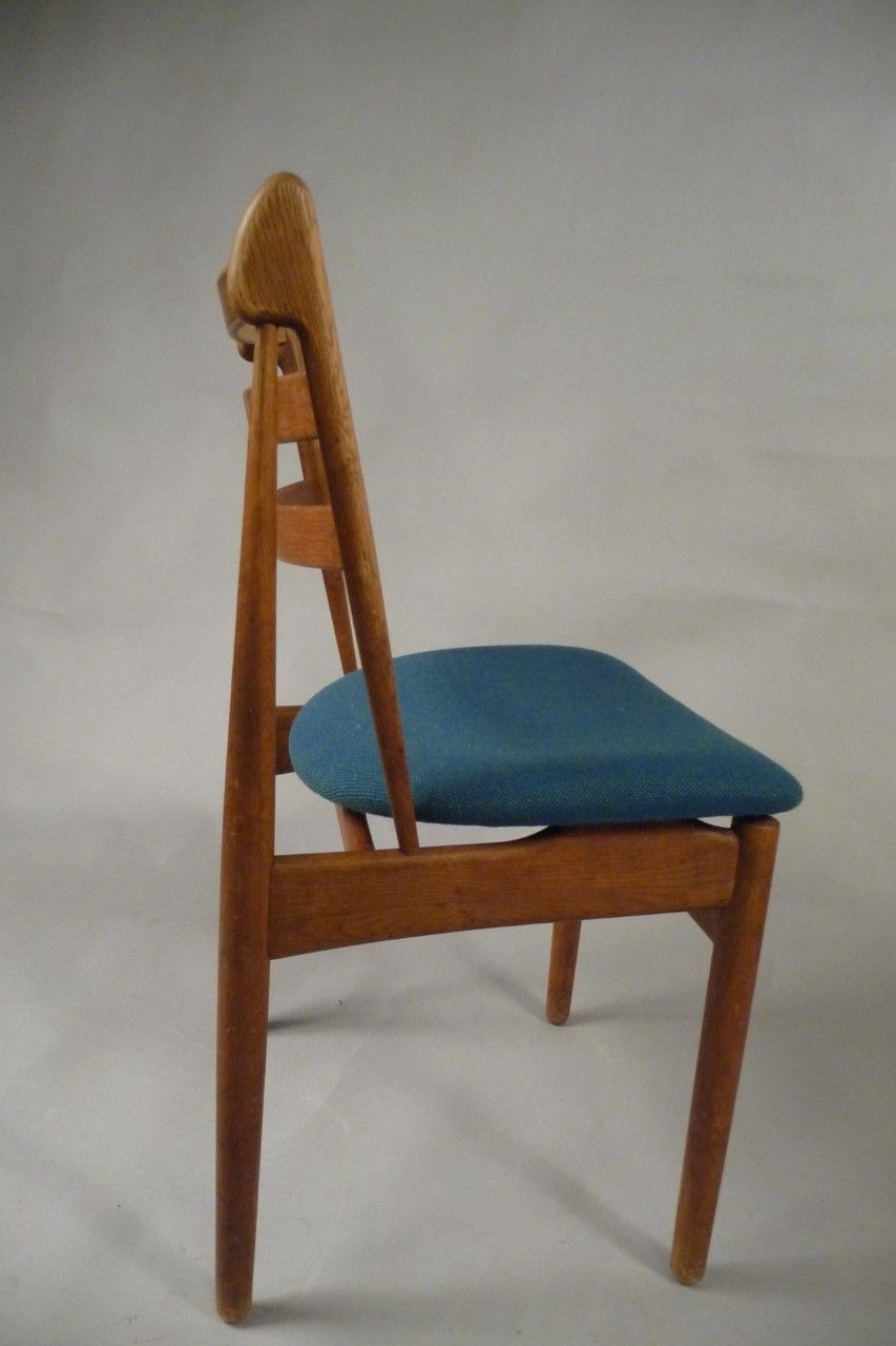 1950s Five Poul Volther Model J60 Dining Chairs In Oak, Blue/Green Fabric   Fdb photo for sale