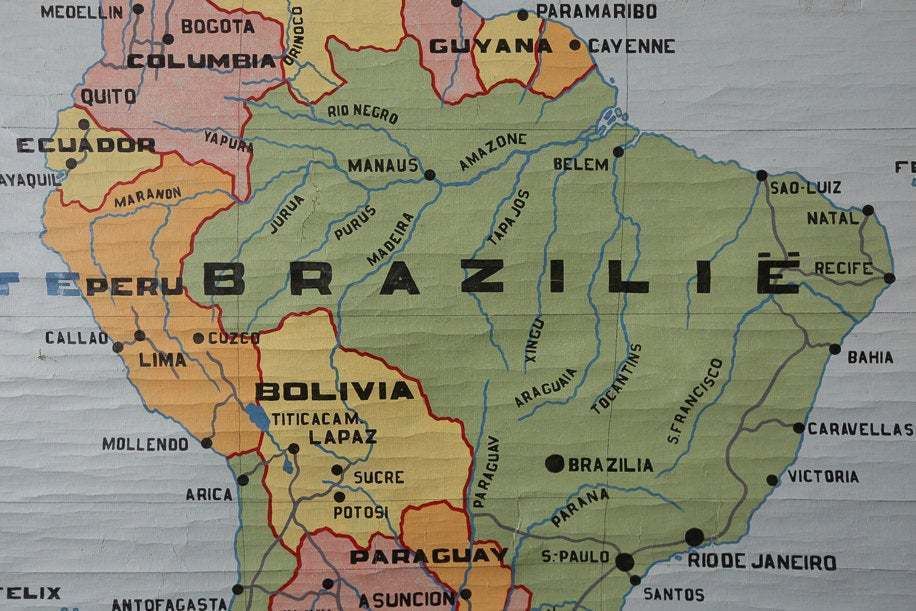 Original Huge Vintage Flemish Educational School Wall Chart South America Bright Map Geography Hand Painted Beautiful Rare Brazil Argentina photo Art
