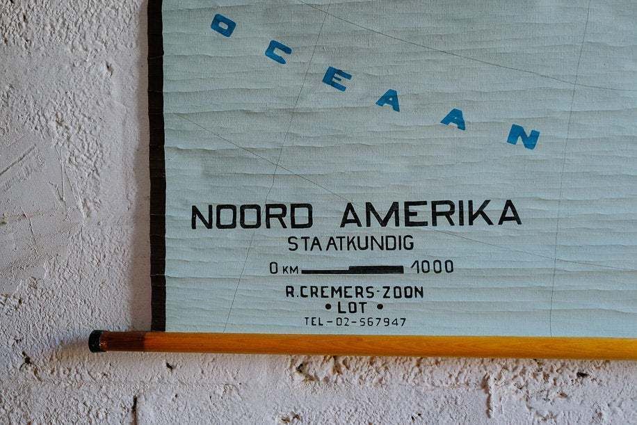 Original Huge Vintage Flemish Educational School Wall Chart North America USA Map Geography Hand Painted Beautiful Rare Canada Mexico photo for sale