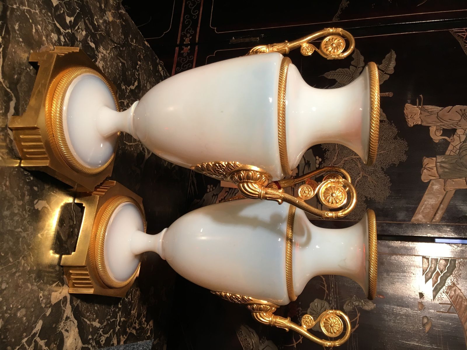 French White Opaline Vases, With Gilt Bronze Mounts. Charles X Period photo furniture
