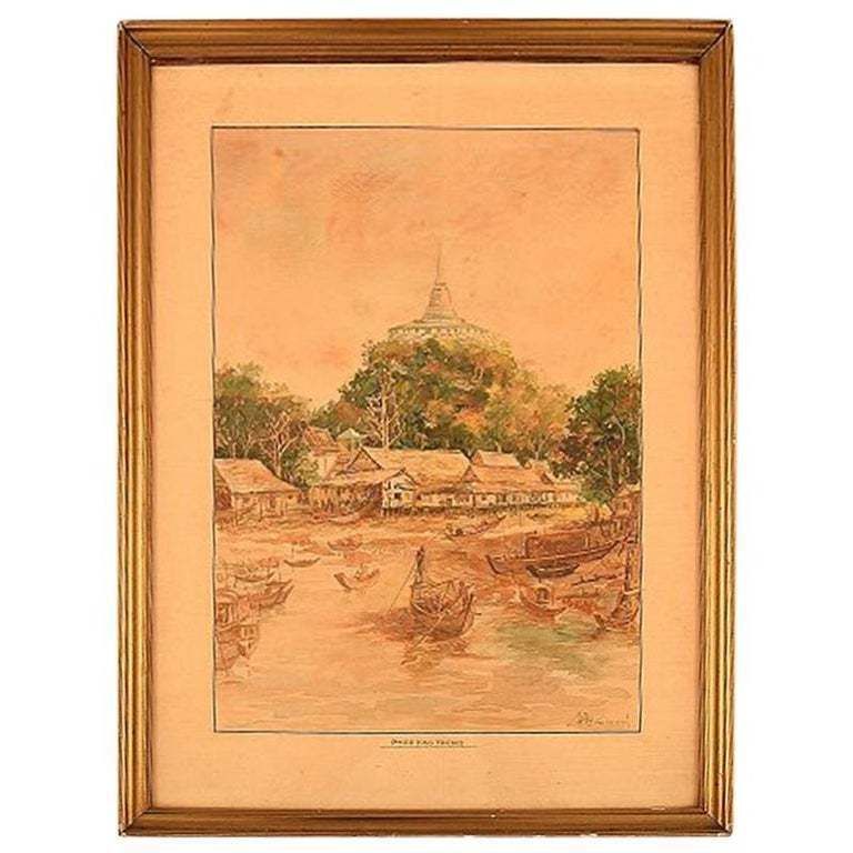 Thai Artist Watercolor On Paper Phu Khao Thong / Temple Of The Holy Mount