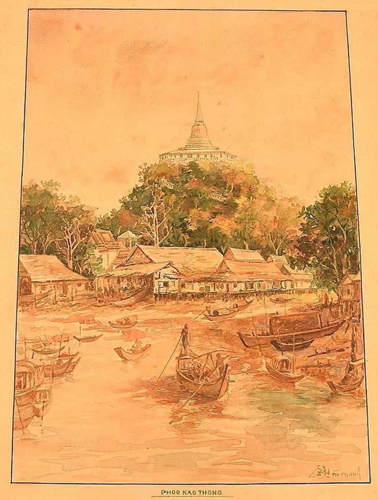 Thai Artist Watercolor On Paper Phu Khao Thong / Temple Of The Holy Mount photo furniture
