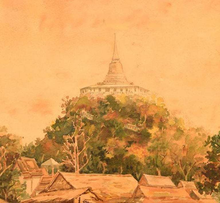 Thai Artist Watercolor On Paper Phu Khao Thong / Temple Of The Holy Mount photo for sale