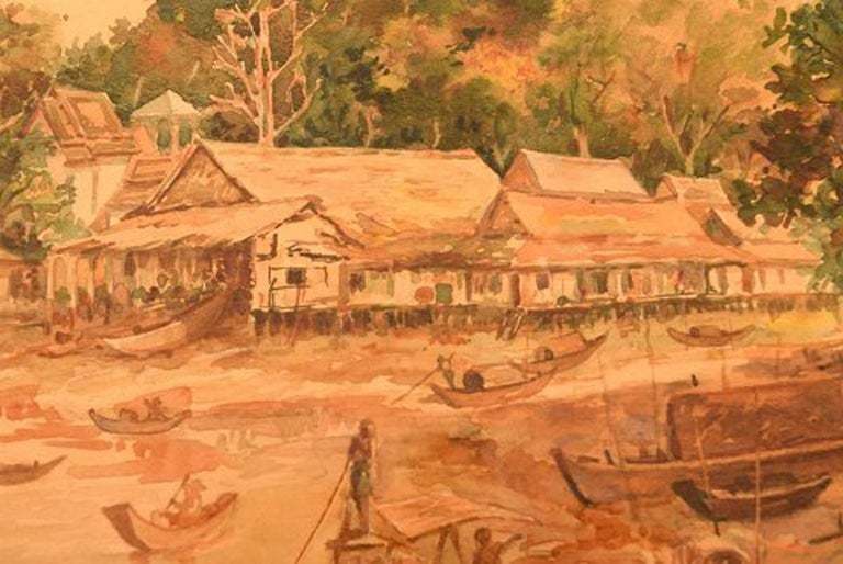 Thai Artist Watercolor On Paper Phu Khao Thong / Temple Of The Holy Mount photo 490.0